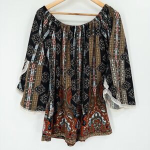 Boho Off Shoulder Peasant Top Womens XL Lace Trim Bell Sleeve Festival Hippie‎